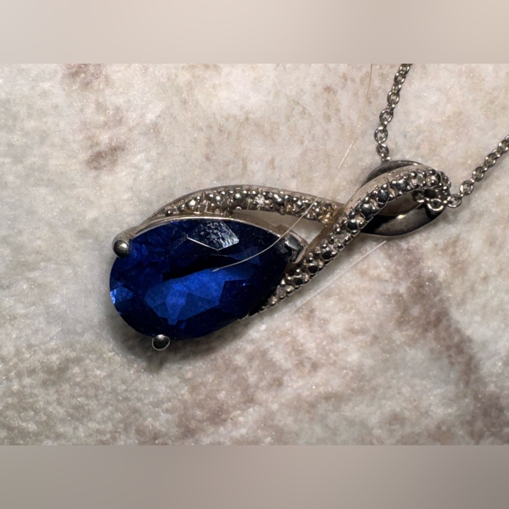 Elegant Blue Teardrop Silver925 (M marking) Pendant Necklace - Picture 7 of 15